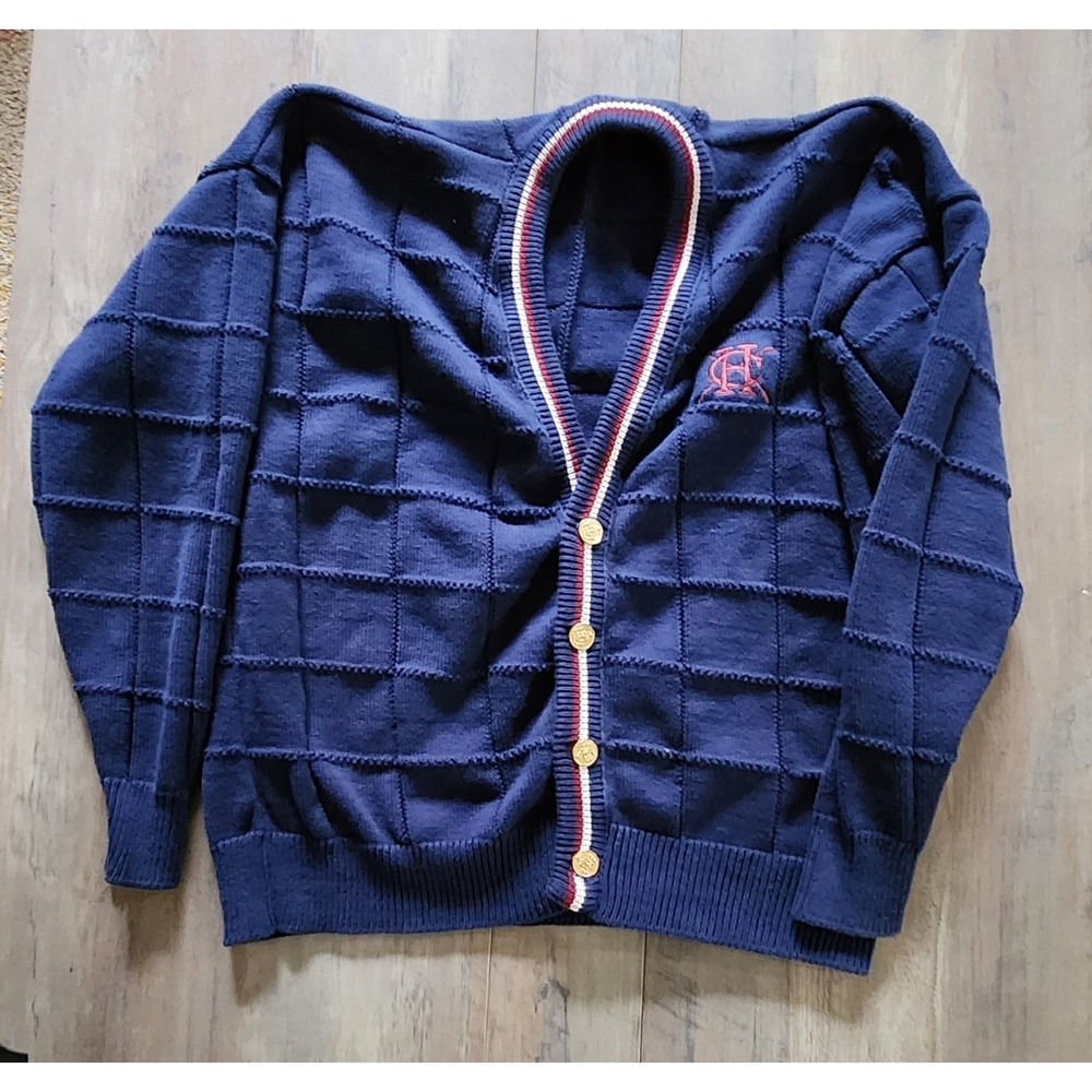 Vintage Hunt Club Button Up Classic Navy Blue Cardigan Sweater With Emblem Men L